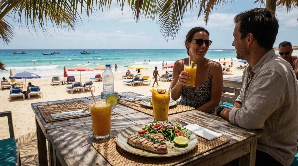 Beachfront cafe with fresh juice and grilled tuna on Santa Maria beach, budgeting extras beyond Cape Verde all inclusive resorts