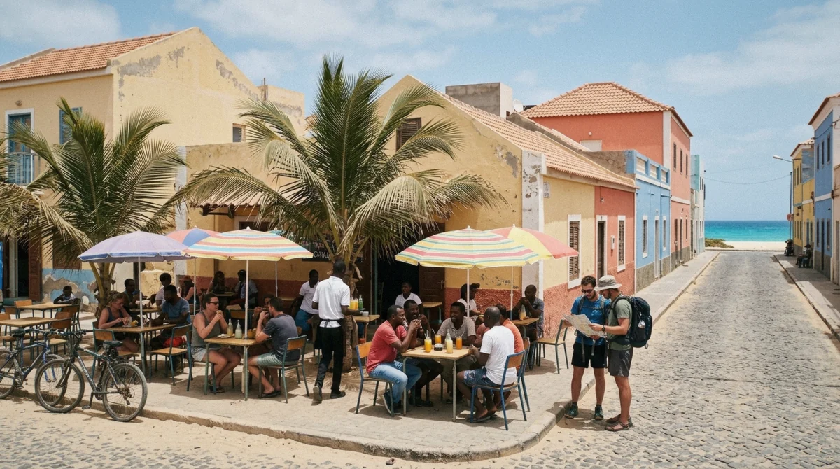 Pastel houses and palm-shaded beach bar in Santa Maria town near the Cape Verde all inclusive resorts on Sal